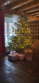 Julgran med tända ljus, röda kulor. Stora och små julklappar under granen. Alla med röda snören och rosetter. ulklappar