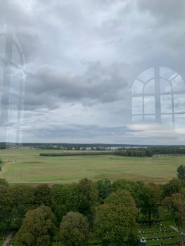 Utsikt från kyrktornet, åkrar,skog och sjön Kolsnaren 