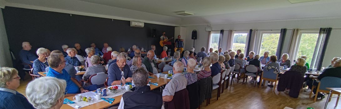 Ca 60 seniorer sitter vid dukade bord. I bakgrunden en kvinna och man som underhåller med dragspel, gitarr och sång