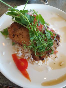 Lunchportion på en vit tallrik. Kyckling på risbädd dekorerad med ärtskott och syltad morot