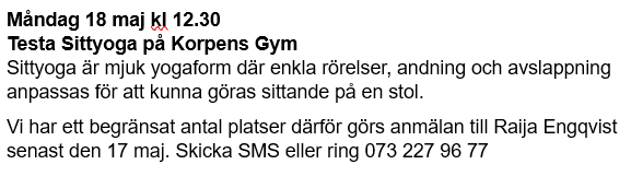 Sittyoga på Folkhälsoveckan korrigerat telefonnummer