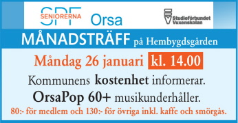 Måndag 26/1 kl. 14.00 Månadsträff på Orsa hembygdsgård.