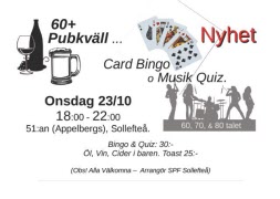 Onsdag 23/10  60+ Pubkväll med Card-Bingo & Musik-Quiz på 51:an (Appelbergs)