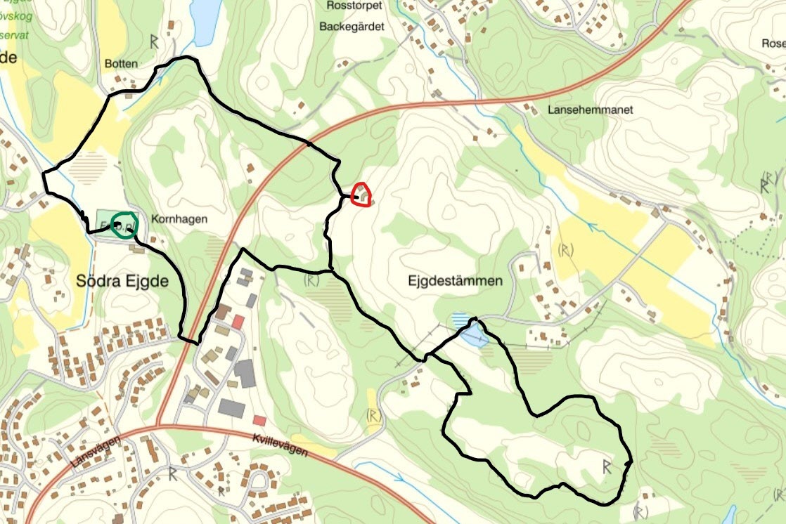 Karta över promenaden. Start och mål vid Kornhagen