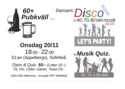 Onsdag 20/11. 60+. Dansant Disco och Quiz på 51:an (Appelbergs)