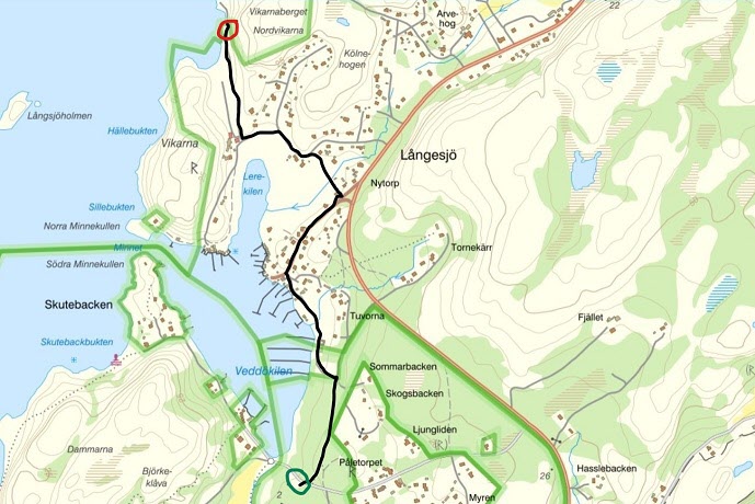 Karta över promenaden, 3,5 km. Start och mål vid parkeringen