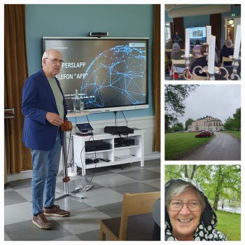 kollage av fyra foton, 1 en man står framför en skärm, 2 en kandelaber iförgrunden och sittande publik skymtar, 3 ett slott, 3 en kvinna i regnkläder tittar in i kameran och ler