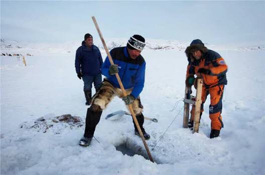 inuiter på Grönland. Tre män på is.